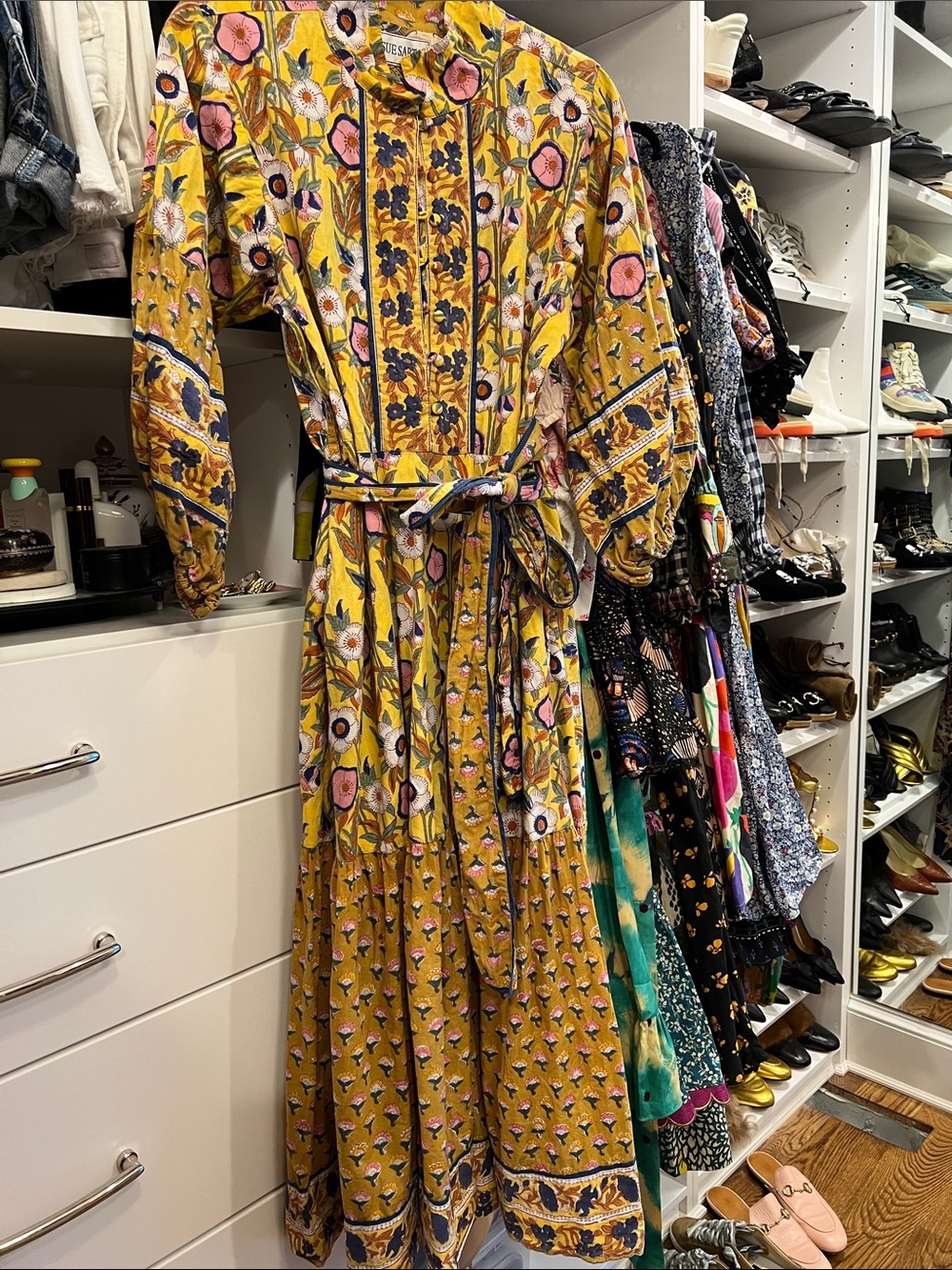 Sue Sartor Paloma Yellow Floral Maxi Dress with Tie Belt
